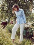 Blue White Cotton Cutaway Collar Long Sleeves Roll-Up Sleeves Striped Shirts