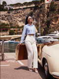 Blue White Cotton Cutaway Collar Long Sleeves Roll-Up Sleeves Striped Shirts