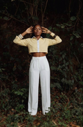 Yellow White Cotton Cutaway Collar Long Sleeves Roll-Up Sleeves Striped Shirts