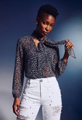 Women Black & White Printed Tie-Up Neck Sheer Sleeve Top