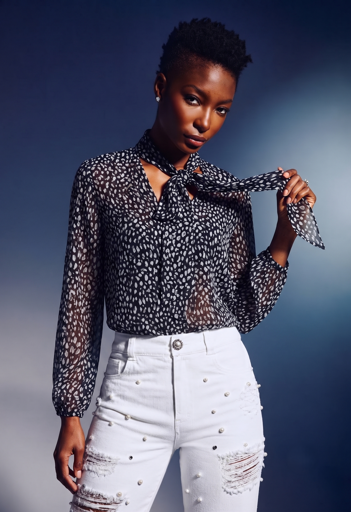Women Black & White Printed Tie-Up Neck Sheer Sleeve Top
