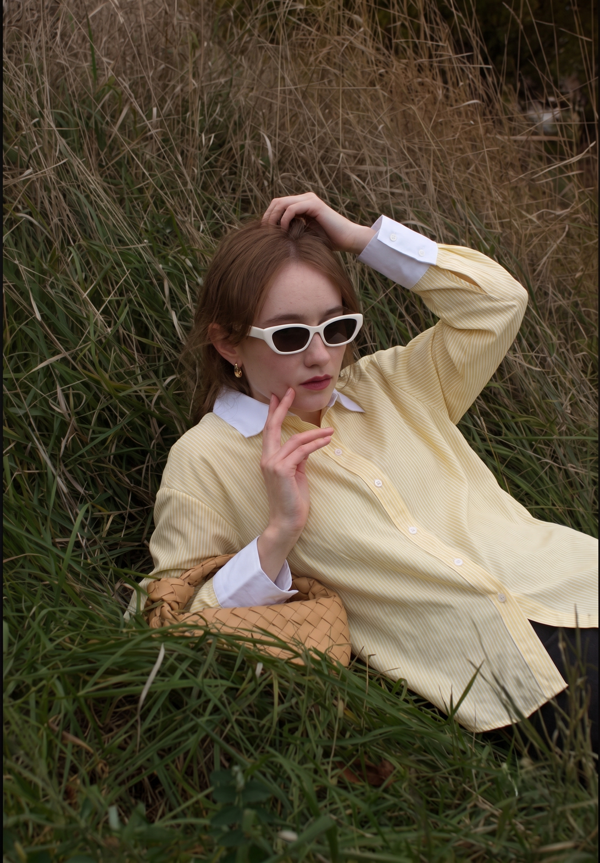 Yellow White Cotton Cutaway Collar Long Sleeves Roll-Up Sleeves Striped Shirts