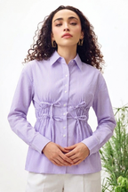 Lavender White Cotton Cutaway Collar Long Sleeves Roll-Up Sleeves Striped Shirts
