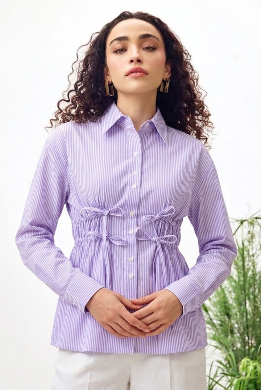 Lavender White Cotton Cutaway Collar Long Sleeves Roll-Up Sleeves Striped Shirts