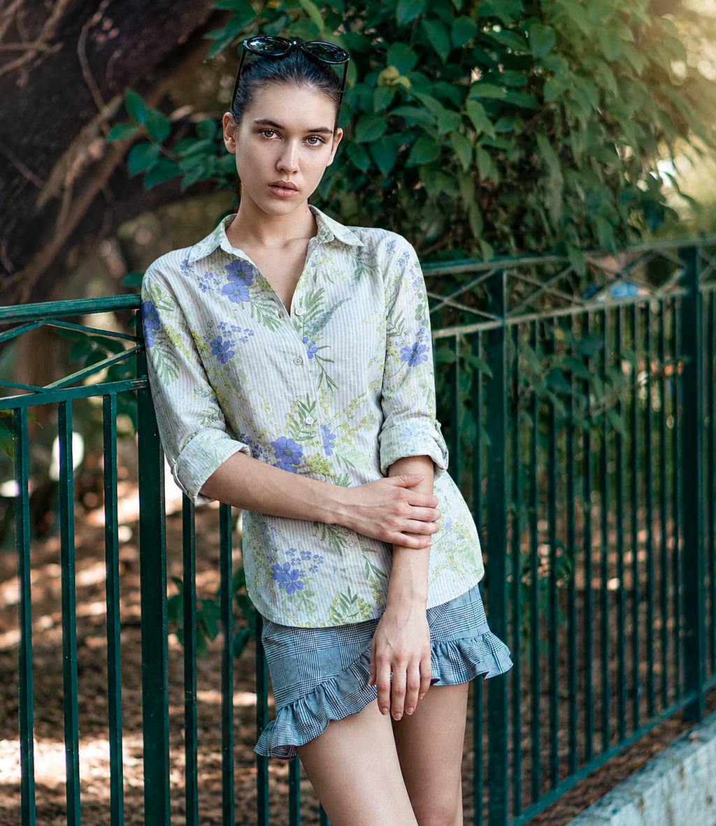 Women White Floral Printed Striped Shirt with Roll-Up Sleeves