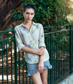 Women White Floral Printed Striped Shirt with Roll-Up Sleeves