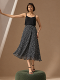Women Black & White Printed A-Line Midi Skirt | Elasticated Waist | Lined Flared Skirt