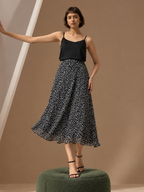 Women Black & White Printed A-Line Midi Skirt | Elasticated Waist | Lined Flared Skirt