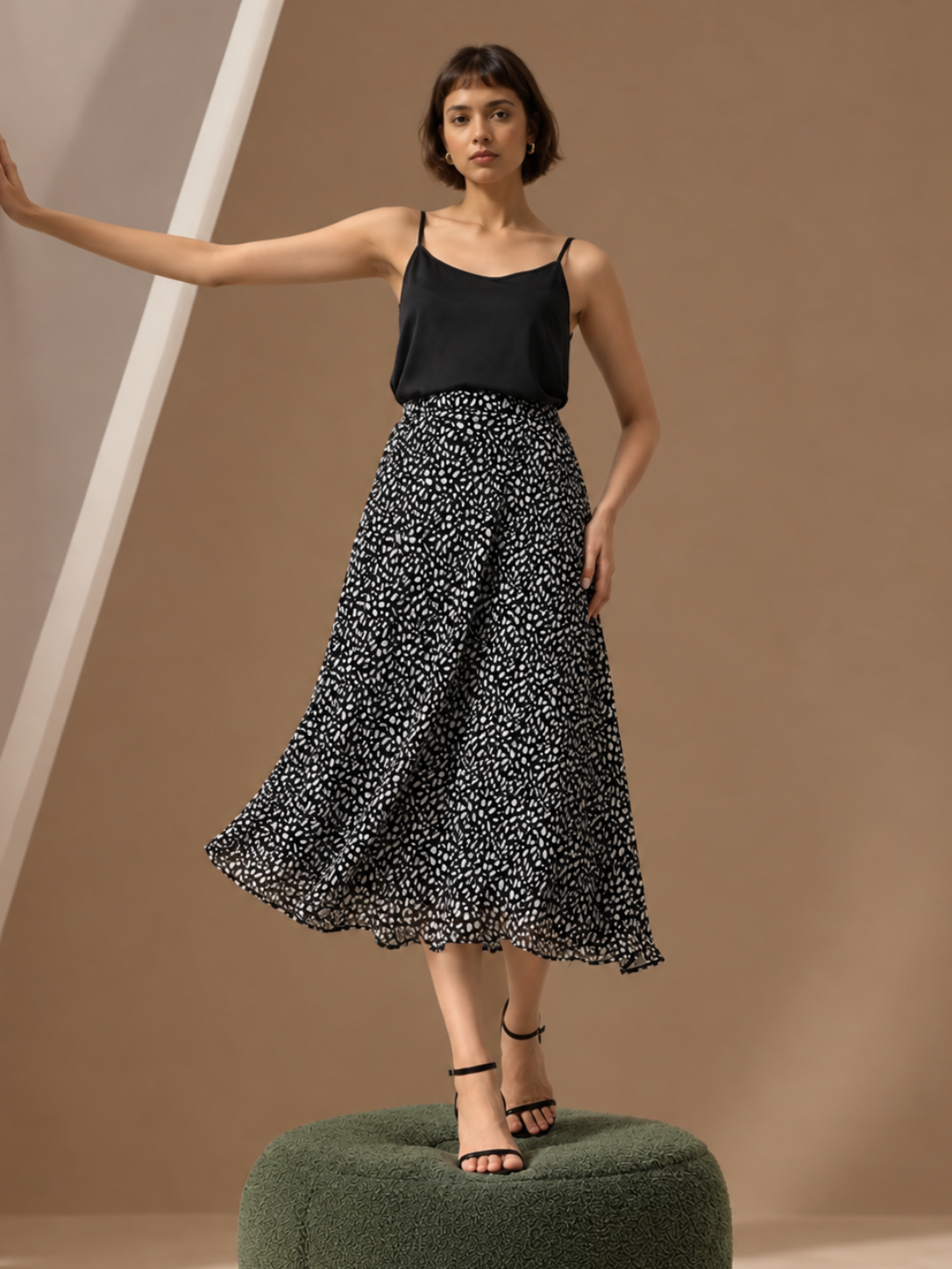 Women Black & White Printed A-Line Midi Skirt | Elasticated Waist | Lined Flared Skirt